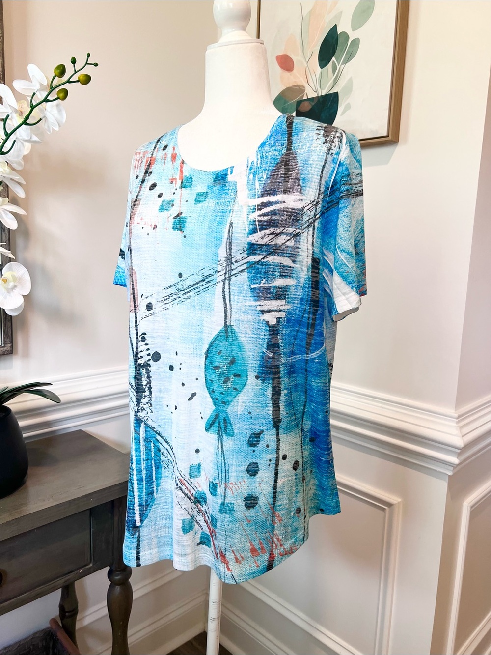 Jess & Jane Blue Abstract Short Sleeve Women's Top Size L